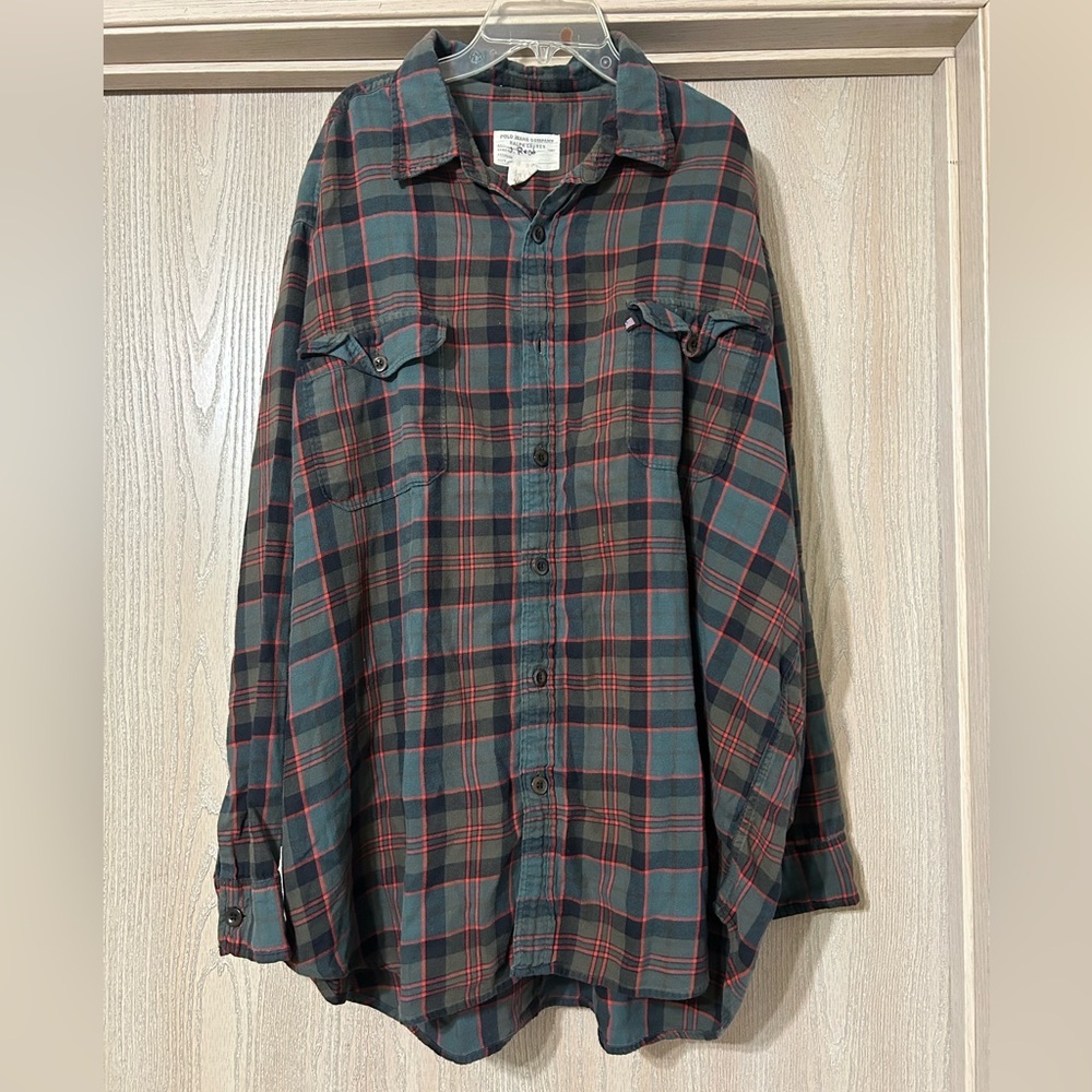 Polo Jeans Company Plaid Button-Up Shirt Green Red Cotton Long Sleeve Size XL